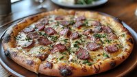 Homemade pizza with sliced sausage, melted mozzarella cheese and fresh herbs on crispy crust, served on rustic metal pan. Close up view of gourmet Italian cuisine.