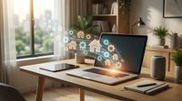 Modern home office workspace with laptop displaying digital smart home automation icons and connectivity symbols on wooden desk near bright window.
