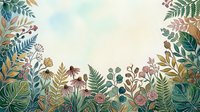 Botanical garden border with watercolor ferns, wildflowers and leafy plants framing a light sky background, suitable for wallpaper and stationery design.