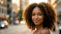 Young African American woman with curly hair smiling confidently in urban city street setting during golden hour sunset with warm bokeh lights background.