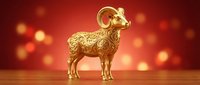 Golden ram figurine standing against warm red bokeh background with festive lighting and wooden surface.