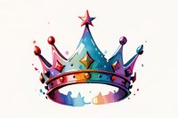 Watercolor royal crown with star on top featuring vibrant gradient colors from purple to blue and orange, decorated with jewels and paint splatter effects on white background.