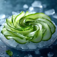 Fresh cucumber slices arranged in elegant spiral pattern on ice with water droplets for healthy eating and spa treatments.
