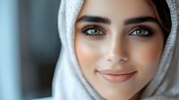 Young Middle Eastern woman wearing white hijab smiles warmly at camera, showcasing natural makeup and bright blue eyes in soft window lighting.