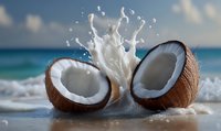 Fresh coconut halves with dynamic white milk splash on sandy beach against turquoise ocean background, tropical refreshing drink concept.
