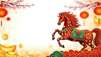 Ornate red horse with decorative saddle leaping through clouds amid cherry blossoms, gold coins and lanterns for lunar new year celebrations.