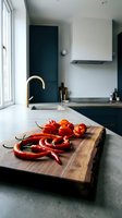 Fresh red chili peppers and cherry tomatoes on wooden cutting board in modern kitchen with brass faucet and navy blue cabinets for cooking preparation.