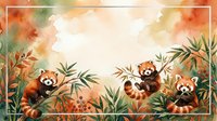 Watercolor red pandas playing among bamboo branches with autumn foliage creating warm orange and green nature frame for text space.