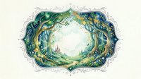 Enchanted forest tunnel with swirling green foliage and mystical light creating magical woodland portal for fairy tale storytelling and fantasy designs.