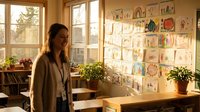 Young Caucasian female teacher smiles in a sunlit classroom with colorful children's artwork displayed on the wall behind her.