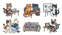 Cartoon cats working in office environment, using computers and laptops, managing documents and data analysis. Isolated clipart set for design projects, presentations and educational materials.