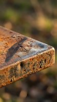 Weathered rusty metal surface with corrosion and oxidation damage showing industrial decay and aging effects on steel material with natural bokeh background.