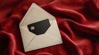 Black premium credit card in white envelope on luxurious red velvet fabric, representing wealth and exclusive financial services.