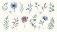 Watercolor botanical elements set with delicate flowers, leaves and branches in soft blue and purple tones on transparent background for design projects.