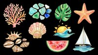 Watercolor summer sea clipart set with coral, shells, monstera leaf, starfish, watermelon, and sailboat, isolated on transparent background for stickers, T-shirts, print on demand.