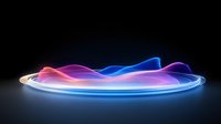 Glowing neon waves create abstract light trails on dark background, vibrant pink and blue colors form dynamic circular motion effect for modern design projects.