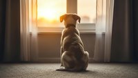 Dog sitting by window watching sunset golden hour light streaming through glass creating warm atmospheric home interior scene with pet waiting patiently.