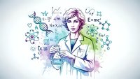 Young female scientist in lab coat holding beaker surrounded by chemistry formulas and molecular structures in watercolor style for educational content.