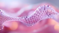 Macro photography of water droplets forming delicate wave pattern with pink and purple bokeh background, creating ethereal abstract art composition for wellness designs.