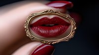 Sensual red lips reflected in vintage gold mirror frame against dark background, creating dramatic contrast and luxurious mood.
