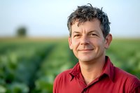 Confident middle-aged Caucasian male farmer wearing red shirt smiling at camera while standing in green agricultural field during sunset golden hour.