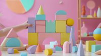 Colorful wooden toy blocks and geometric shapes in pastel colors arranged on pink background creating abstract architectural composition. Modern minimal style.
