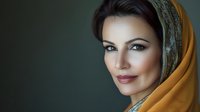 Elegant Middle Eastern woman wearing golden headscarf with ornate embroidery, soft lighting portrait for fashion and cultural diversity projects.