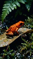 Vibrant orange poison dart frog perched on wet leaf with water droplets, surrounded by lush green fern foliage in tropical rainforest habitat.