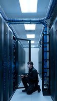 IT technician working with tablet in modern server room data center with blue lighting and cable management systems for network maintenance.