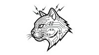 Futuristic cyberpunk cat head with electronic circuit patterns and lightning bolts isolated on white background for modern tech designs.
