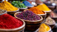 Vibrant aromatic spices and seasonings in wooden bowls at oriental market, including turmeric, chili powder, peppercorns and saffron, arranged in colorful display.