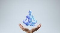 Holographic meditation figure floating above protective hands on white background for wellness and spiritual healing concepts.