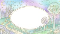 Whimsical fairy tale landscape frame with castle, trees and magical elements in pastel colors on white background for children design projects.