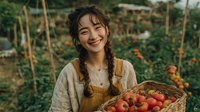 Young Asian woman farmer smiling while holding wicker basket full of fresh red tomatoes in organic vegetable garden during harvest season.