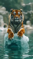 Majestic Sumatran tiger resting on ice block in turquoise water, displaying powerful stance with front paws crossed, intense gaze directly at camera against blurred background.