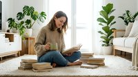 Young woman reading book while sitting on floor surrounded by plants in cozy modern living room with natural light streaming through window.