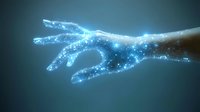 Glowing blue ethereal hand reaching forward with sparkles and light particles against dark background, magical energy concept for spiritual and fantasy designs.