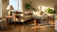 Cozy modern living room interior with dachshund dog resting on patterned rug, featuring beige sectional sofa, wooden floors, and natural sunlight streaming through windows.