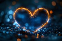 Glowing heart shape created with golden sparkles and light trails against dark blue bokeh background, magical romantic atmosphere for Valentine designs.