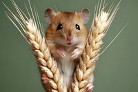 Cute harvest mouse holding golden wheat ears, looking at camera on soft green background. Adorable wild rodent with wheat stalks in autumn nature concept.