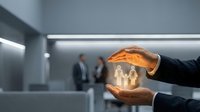 Businessman hands protecting glowing crown symbol representing leadership protection and corporate responsibility in modern office environment.