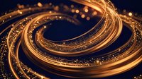 Golden flowing light trails with sparkling particles creating dynamic swirls on dark blue background for luxury technology and energy concepts.