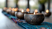 Ornate Tibetan singing bowl with glowing candles on turquoise meditation mat, creating peaceful zen atmosphere for mindfulness and spiritual practice.