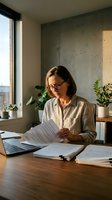 Middle-aged Caucasian businesswoman with glasses reading documents at modern office desk with laptop and plants in contemporary workspace.