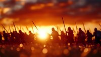 Silhouettes of medieval warriors with spears and weapons against dramatic orange sunset sky, creating atmospheric battle scene with bokeh light effects in foreground.