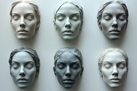 Six plaster face masks with closed eyes arranged in rows on light gray background, showing different facial expressions and lighting effects. Artistic sculpture study.