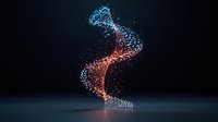 Glowing spiral DNA helix structure made of luminous particles in blue and orange colors floating on dark background, scientific molecular concept for genetics research.