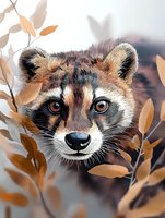 Close up portrait of curious raccoon face among autumn orange leaves and branches, looking directly at camera with bright eyes and alert expression.