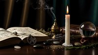 Ancient spell book with burning candle, crystal ball and mystical artifacts on wooden table creating magical atmosphere for fantasy storytelling.