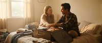 Young couple unpacking cardboard box together in bedroom during move, sitting on bed with warm natural light from window, domestic relocation scene.